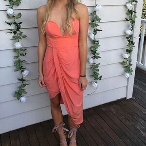 Zimmerman Silk Deep Plunge Peach Asymmetric Midi Dress Size 0